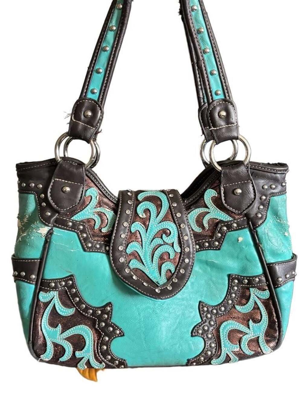 Montana West Western Tote Handbag Turquoise Brown Studded Floral Embroidery